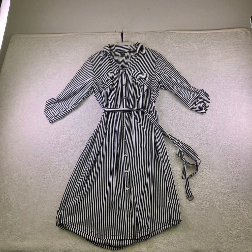 Mlle Gabrielle Striped Shirt Dress 1X Black White Button Front Belted Midi